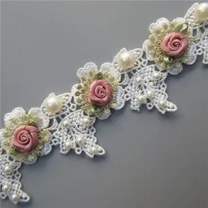1 Yard Vintage Gold Pearl Rose Flowers Embroidered Lace Trim Fabric Floral Appliques Lace Ribbon Bridal Ornaments Handmade DIY Sewing Supplies Craft for Costume Hat Decoration 1.96" Wide