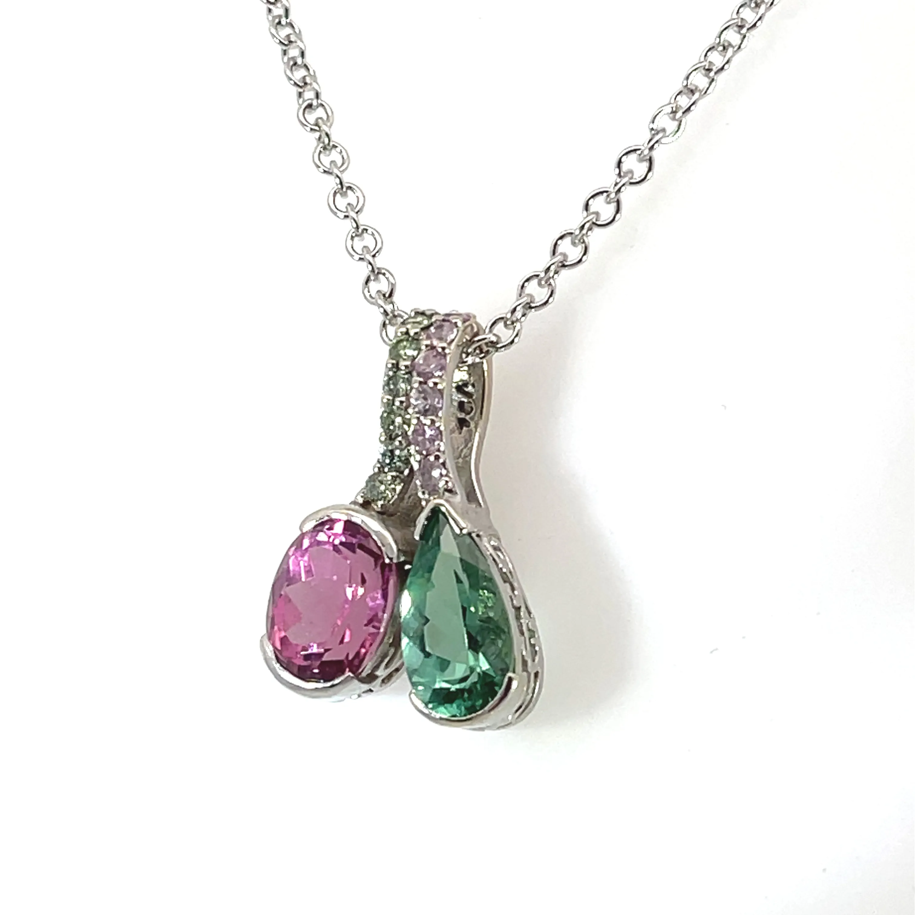 18k White Gold Green Tourmaline and Pink Sapphire Double Pendant