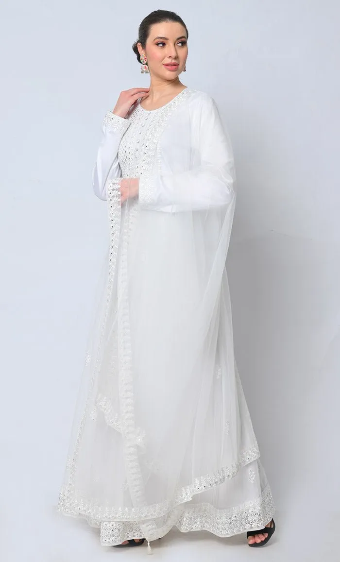 2pc Heavy Foil Work Embroidered White Anarkali and Dupatta Set
