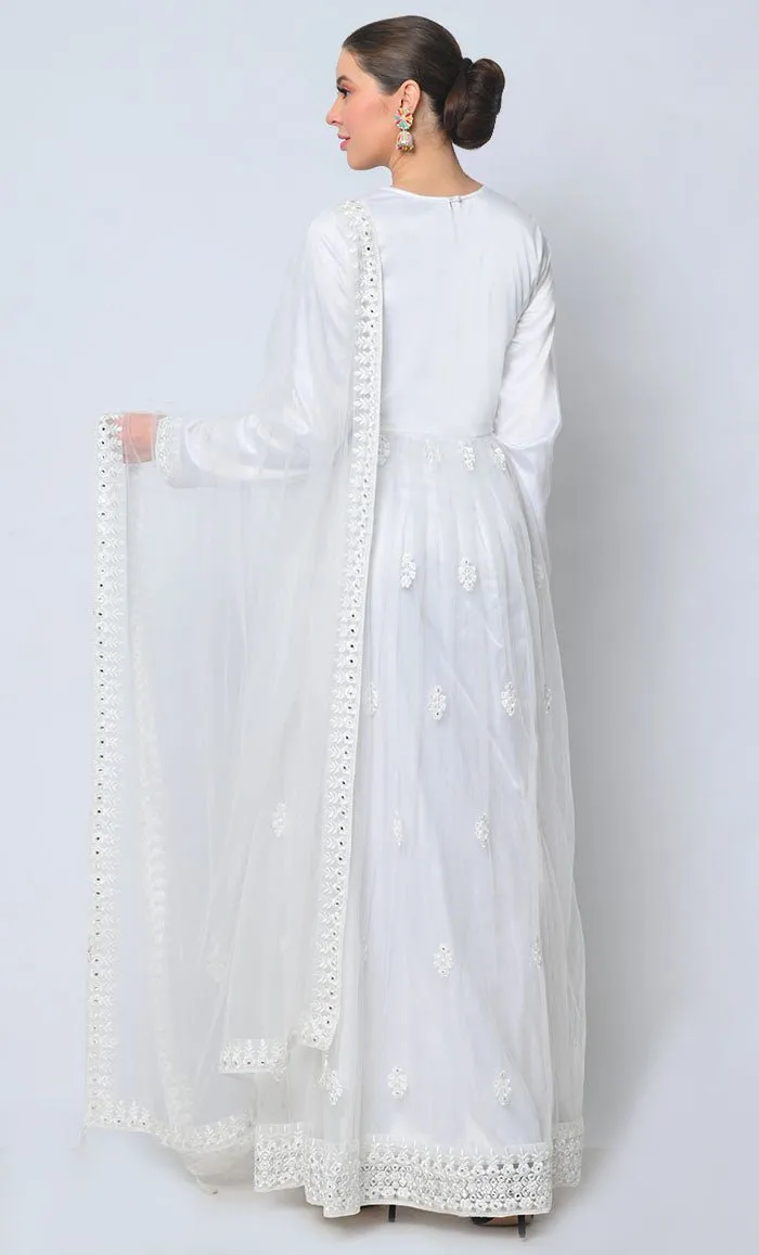 2pc Heavy Foil Work Embroidered White Anarkali and Dupatta Set