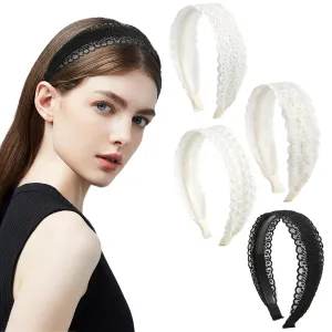 4 Pcs Lace Headbands Lace Flower Embroidered Hair Bands Fashion Boho Hair Hoops Wide Hairband for Women Girls Non-Slip Vintage Hair Accessories Headdress (White Black)