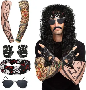 7 Pcs Rocker Costume Men's Wigs Black Curls Disco Costume Men's Party Costume Men with Wigs Sunglasses Beards Sleeves Gloves Headscarves for 70s 80s 90s, Medium