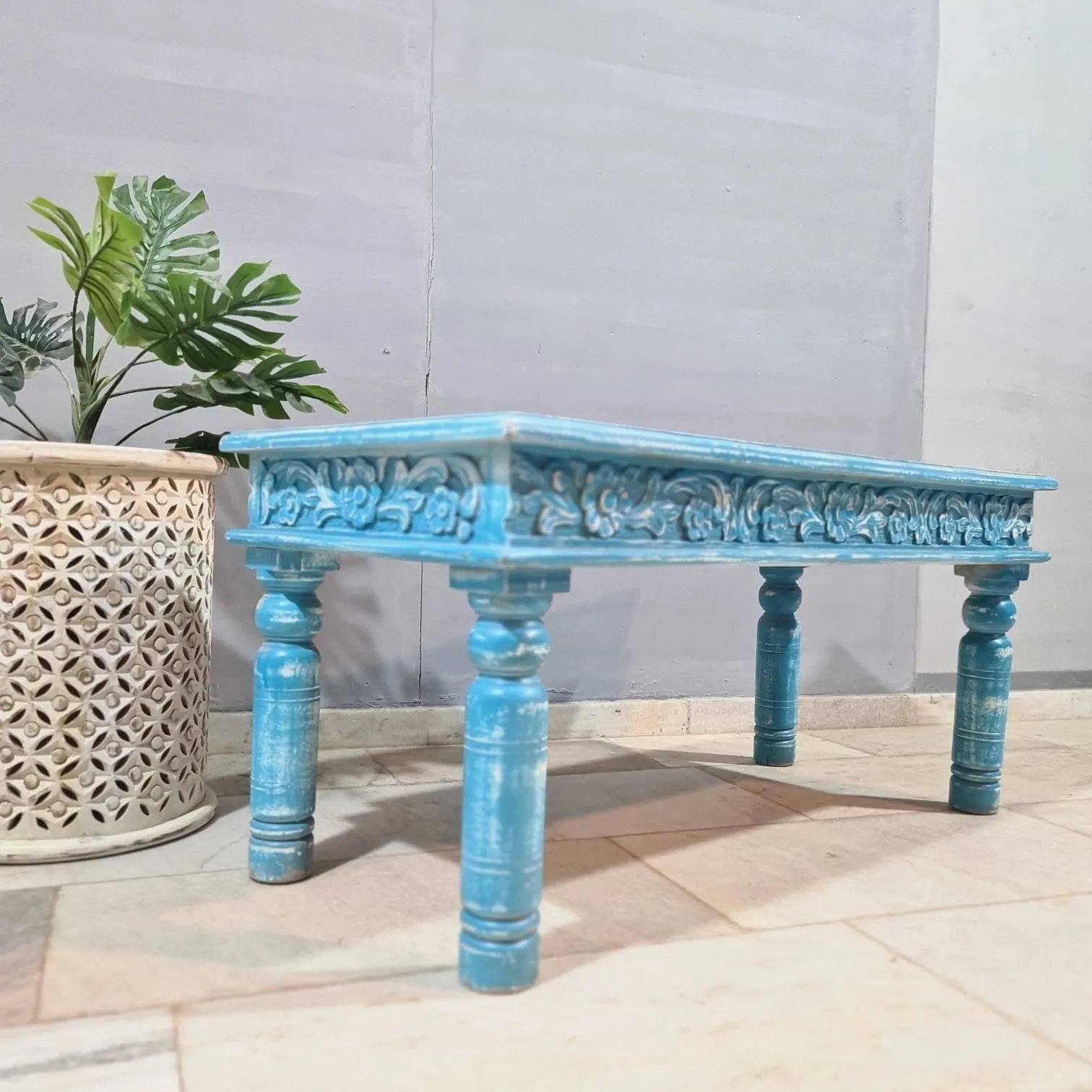 Antique Indian Reclaimed Hand Solid Wooden Rustic Coffee Table Blue 120x55x55cm