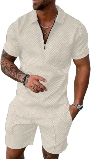 Aulemen Mens 2 Piece Zip Tracksuit Short Sleeve Print Polo Shirt and Shorts Sets Summer Outfits for Men