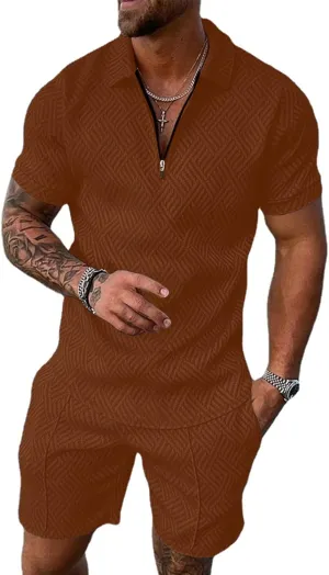 Aulemen Mens 2 Piece Zip Tracksuit Short Sleeve Print Polo Shirt and Shorts Sets Summer Outfits for Men