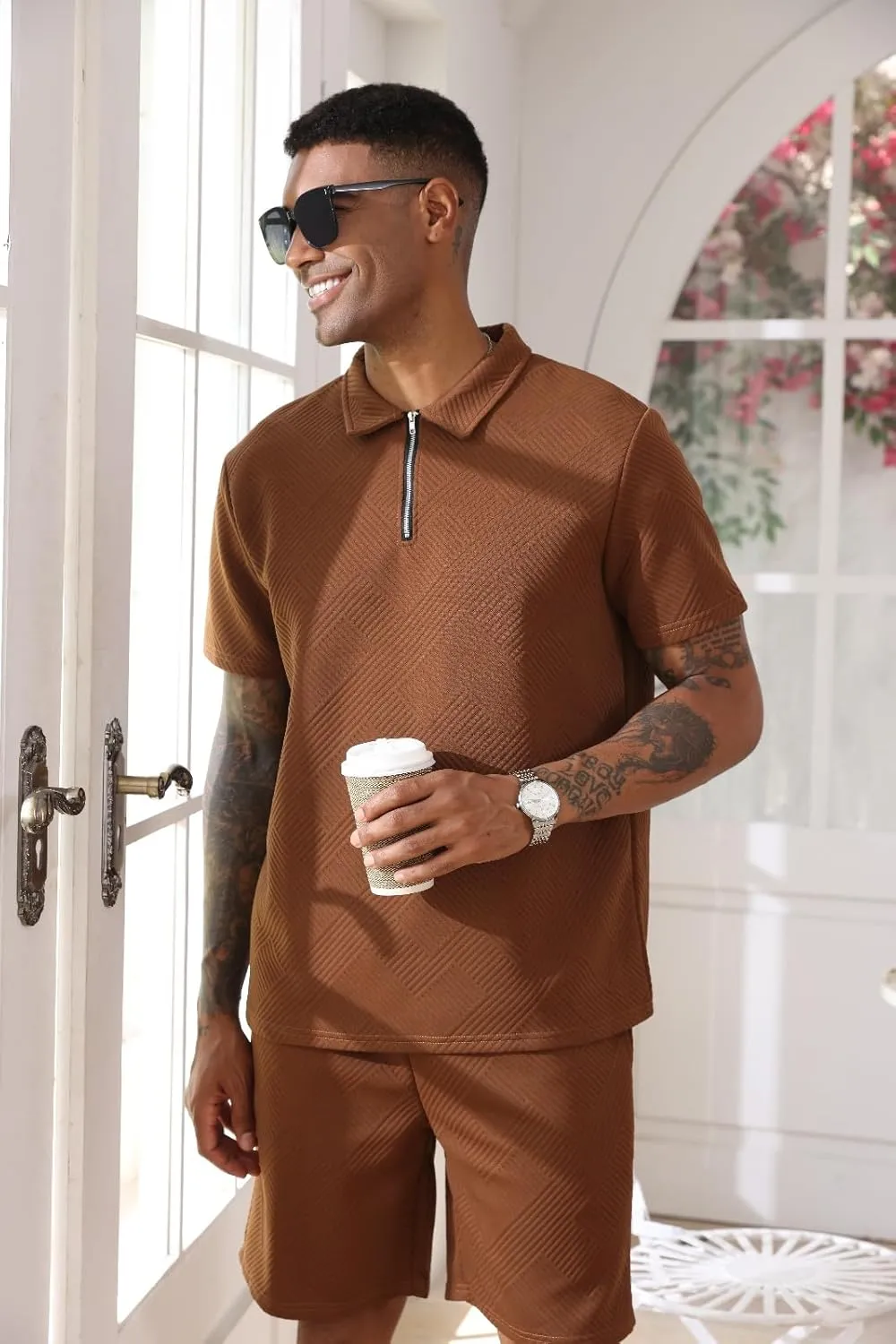 Aulemen Mens 2 Piece Zip Tracksuit Short Sleeve Print Polo Shirt and Shorts Sets Summer Outfits for Men
