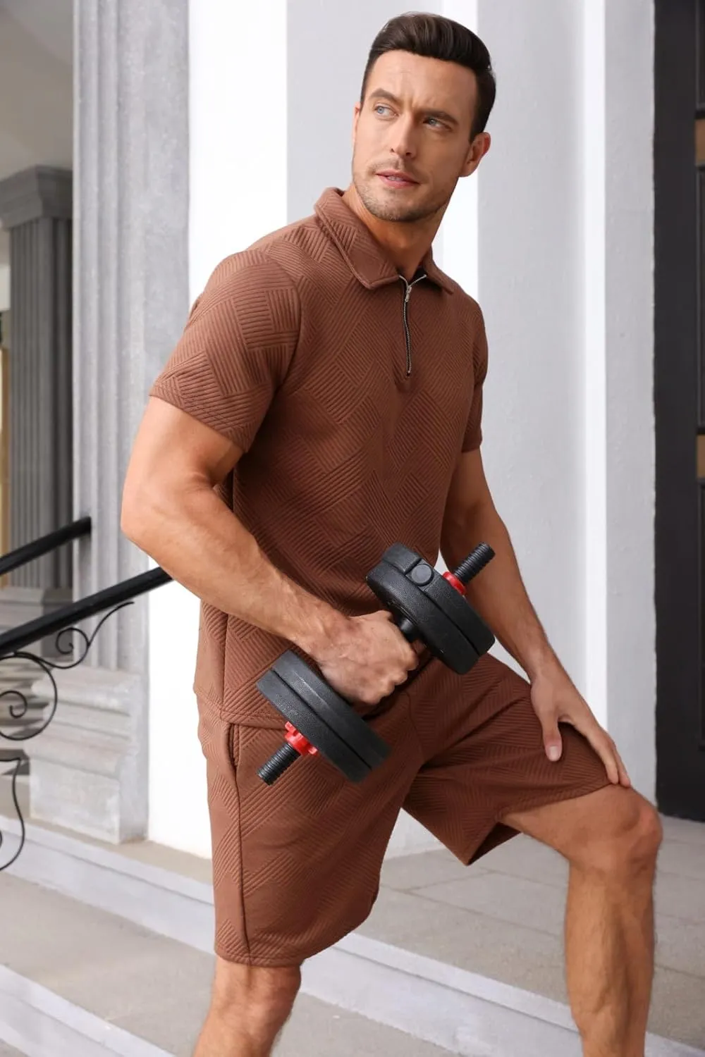 Aulemen Mens 2 Piece Zip Tracksuit Short Sleeve Print Polo Shirt and Shorts Sets Summer Outfits for Men