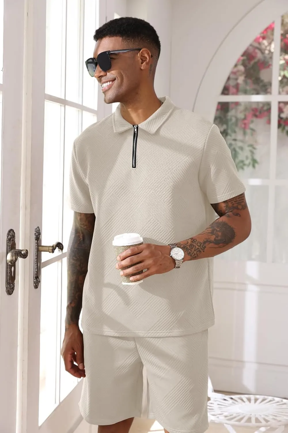 Aulemen Mens 2 Piece Zip Tracksuit Short Sleeve Print Polo Shirt and Shorts Sets Summer Outfits for Men