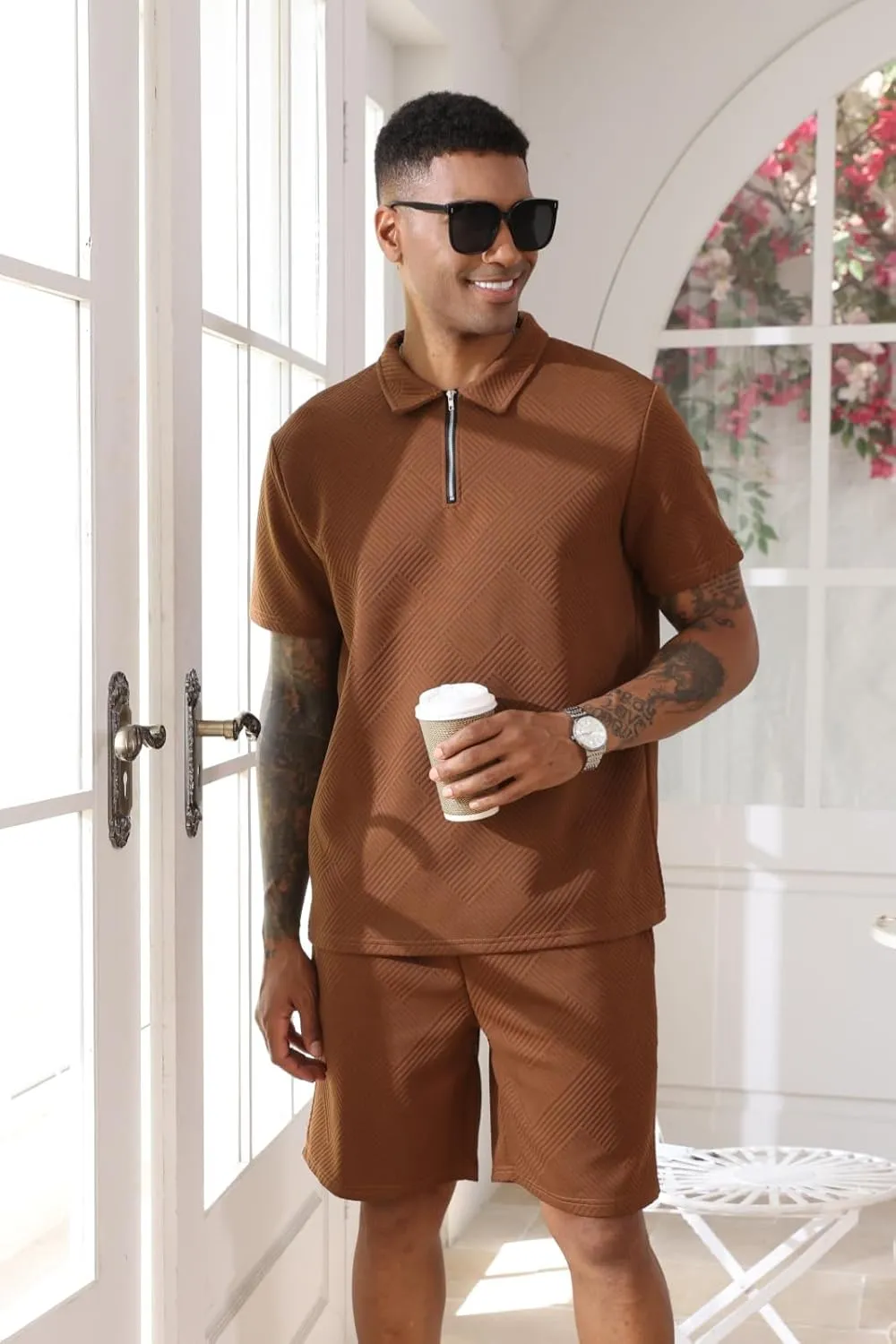 Aulemen Mens 2 Piece Zip Tracksuit Short Sleeve Print Polo Shirt and Shorts Sets Summer Outfits for Men