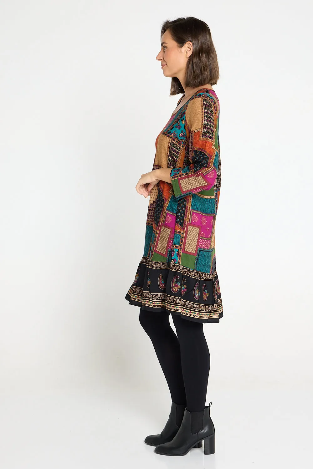 Cassandra Petite Dress - Rust/Teal Paisley Patchwork