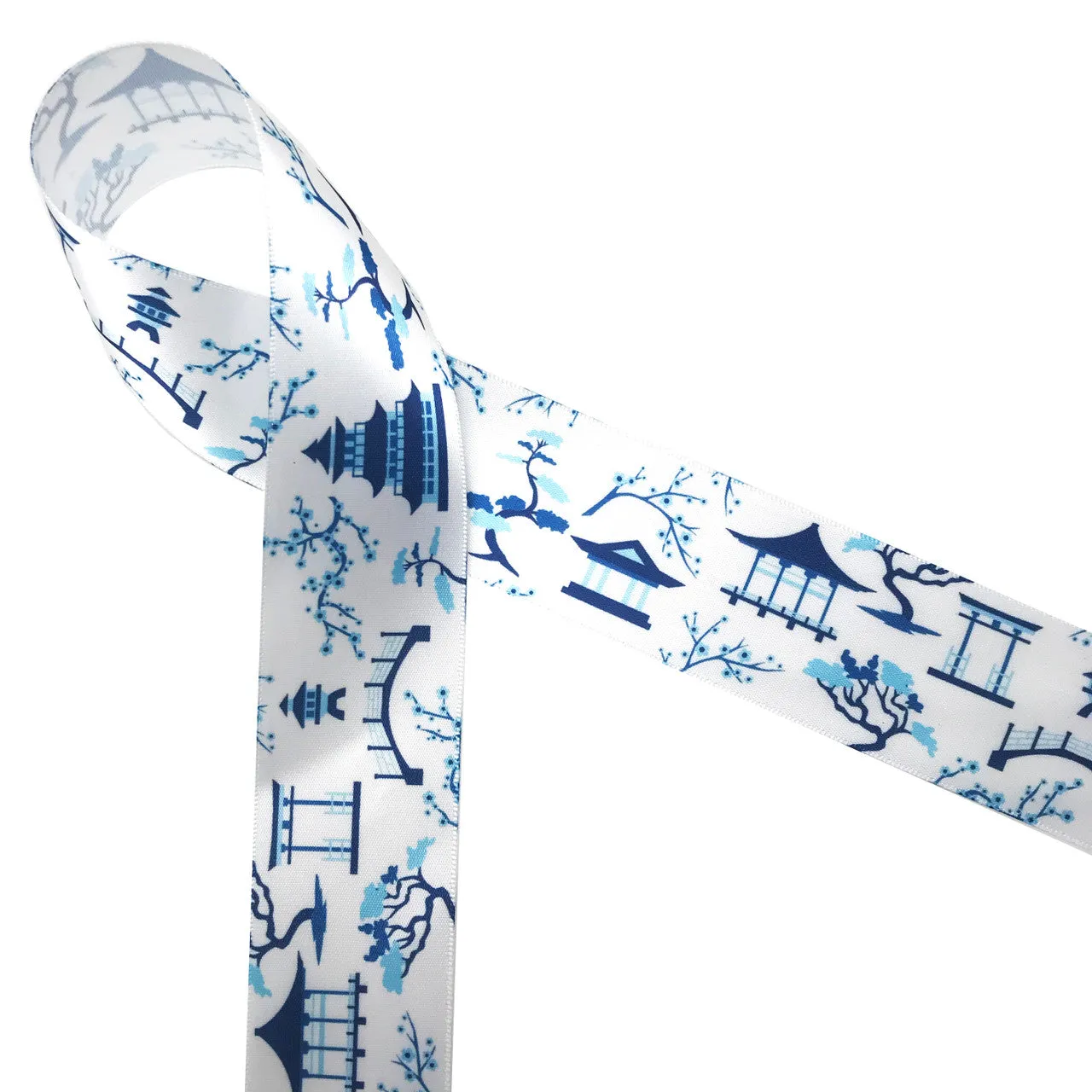 Chinoiserie ribbon Japanese garden printed on 7/8" and  1.5" white satin