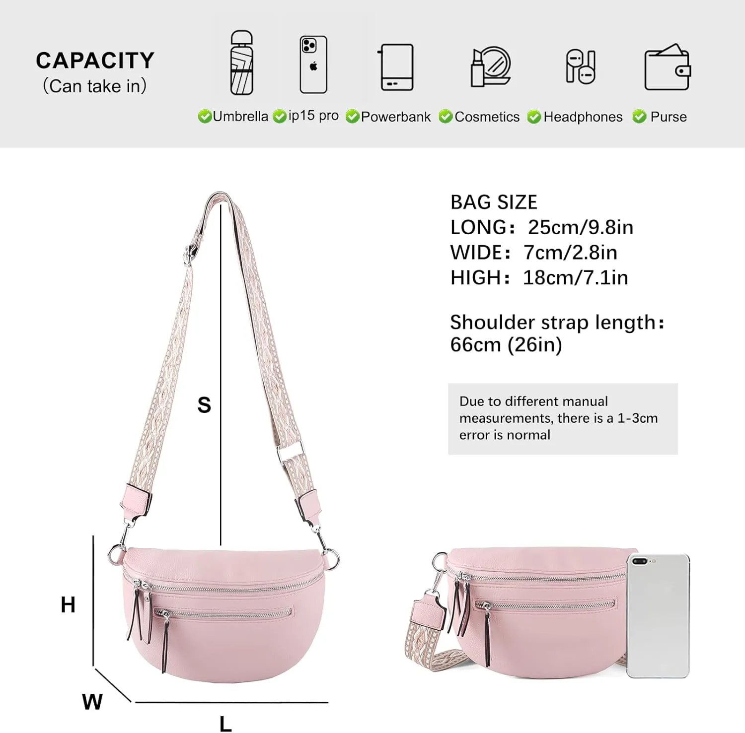 Crossbody Fanny Packs for Women Sling Bags with Coin Purse Bumbag Vegan Leather Belt Bag Chest Purse for Travel (Pink)
