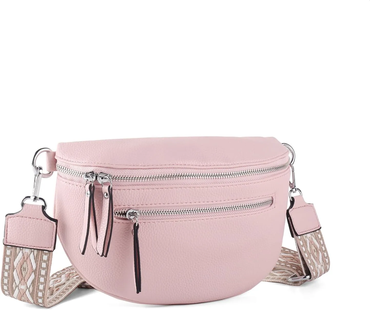 Crossbody Fanny Packs for Women Sling Bags with Coin Purse Bumbag Vegan Leather Belt Bag Chest Purse for Travel (Pink)