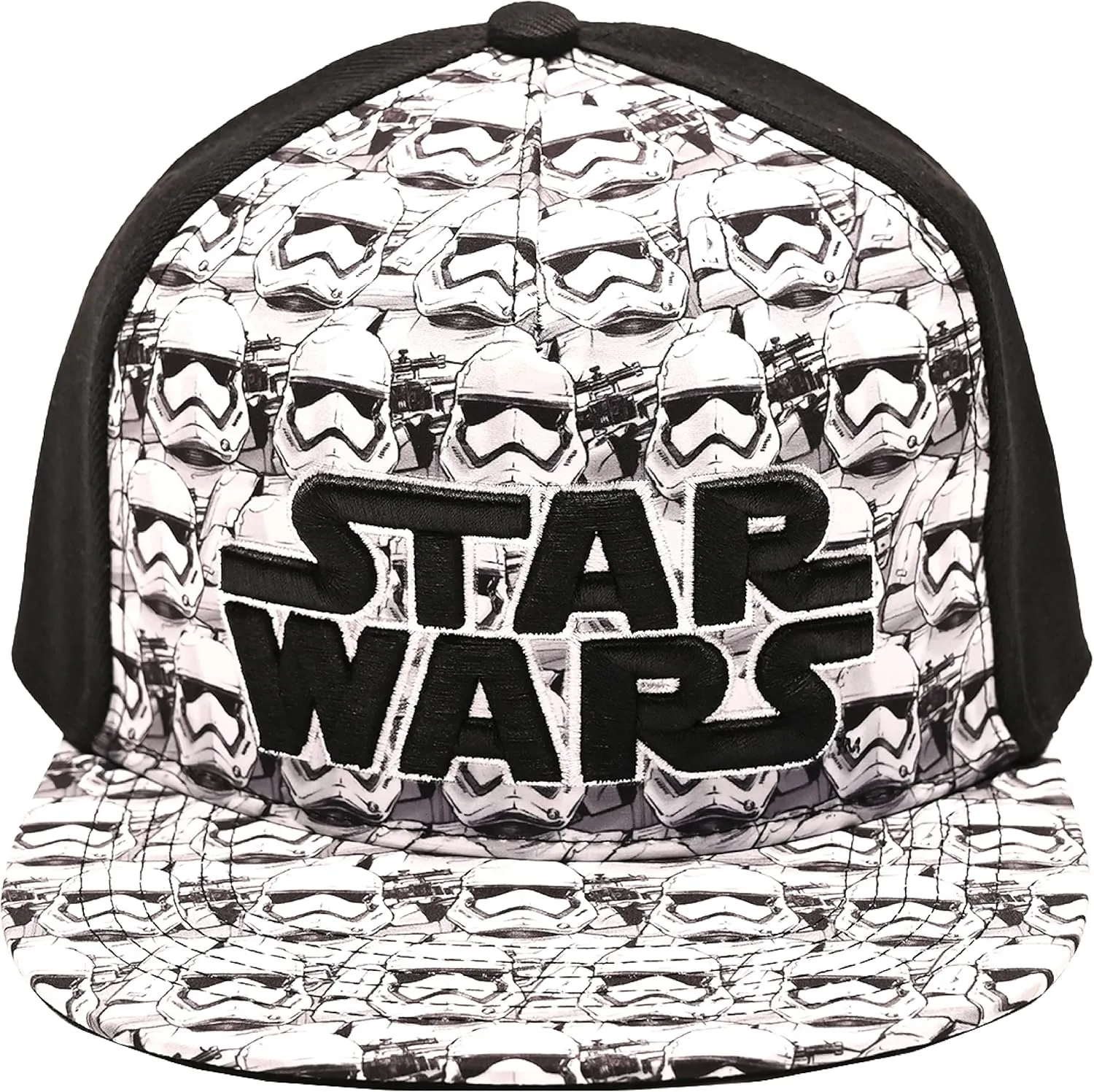 Disney mens Star Wars Embroidered Logo and Stormtrooper All Over Adjustable Snapback Baseball Hat with Flat Brim Black White One Size, Black, One Size US