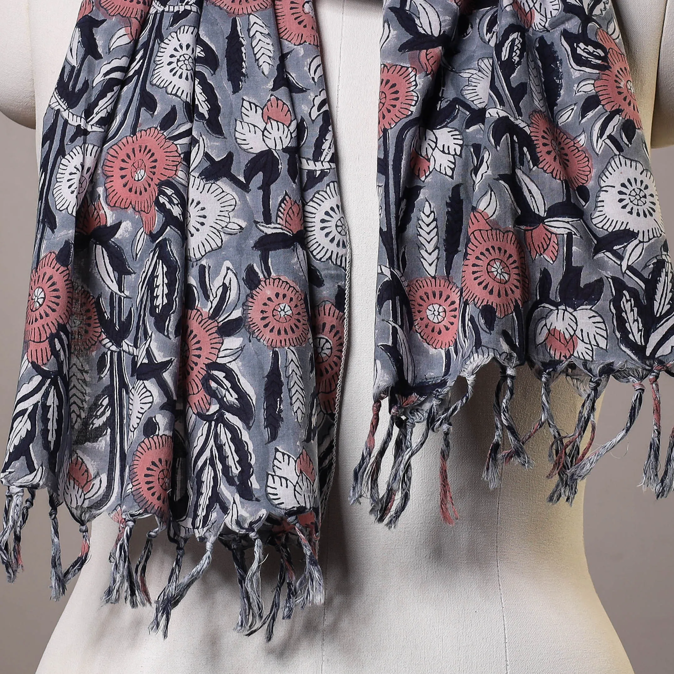 Grey - Sanganeri Block Printed Cotton Stole with Tassels
