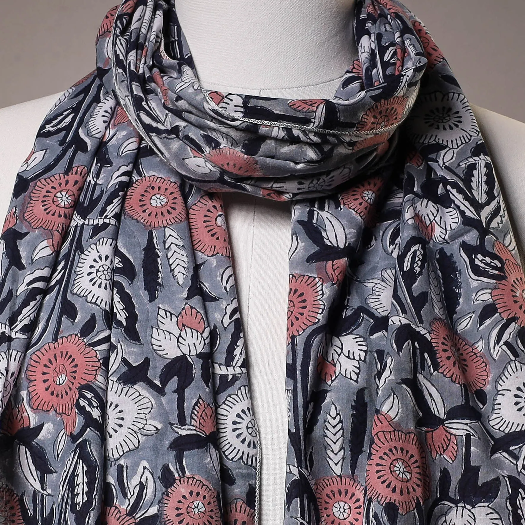 Grey - Sanganeri Block Printed Cotton Stole with Tassels