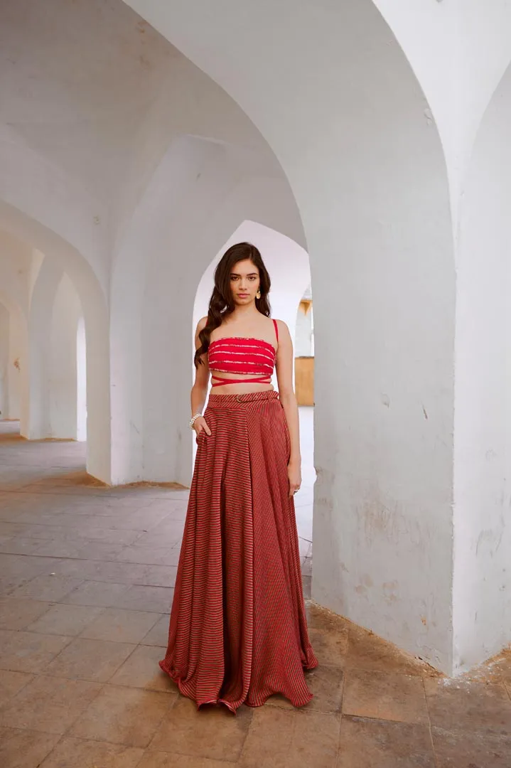 Gulbahar Red Bandeau string top with stripe skirt and belt set