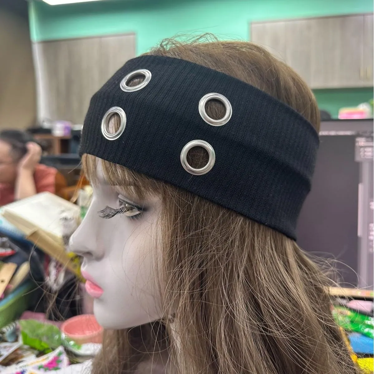 Hollow Eyelet Elastic Headband,Studded Headband Punk Style Rivet,Eyelets Elastic Stretchy Casual Hair Accessory (Black, Adjustable)