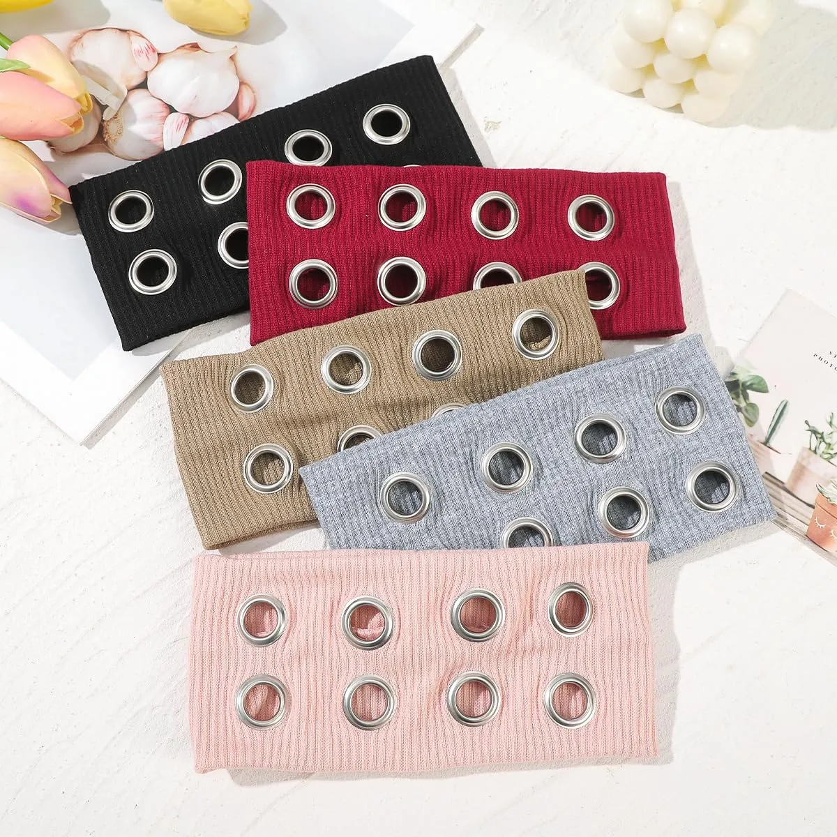 Hollow Eyelet Elastic Headband,Studded Headband Punk Style Rivet,Eyelets Elastic Stretchy Casual Hair Accessory (Black, Adjustable)