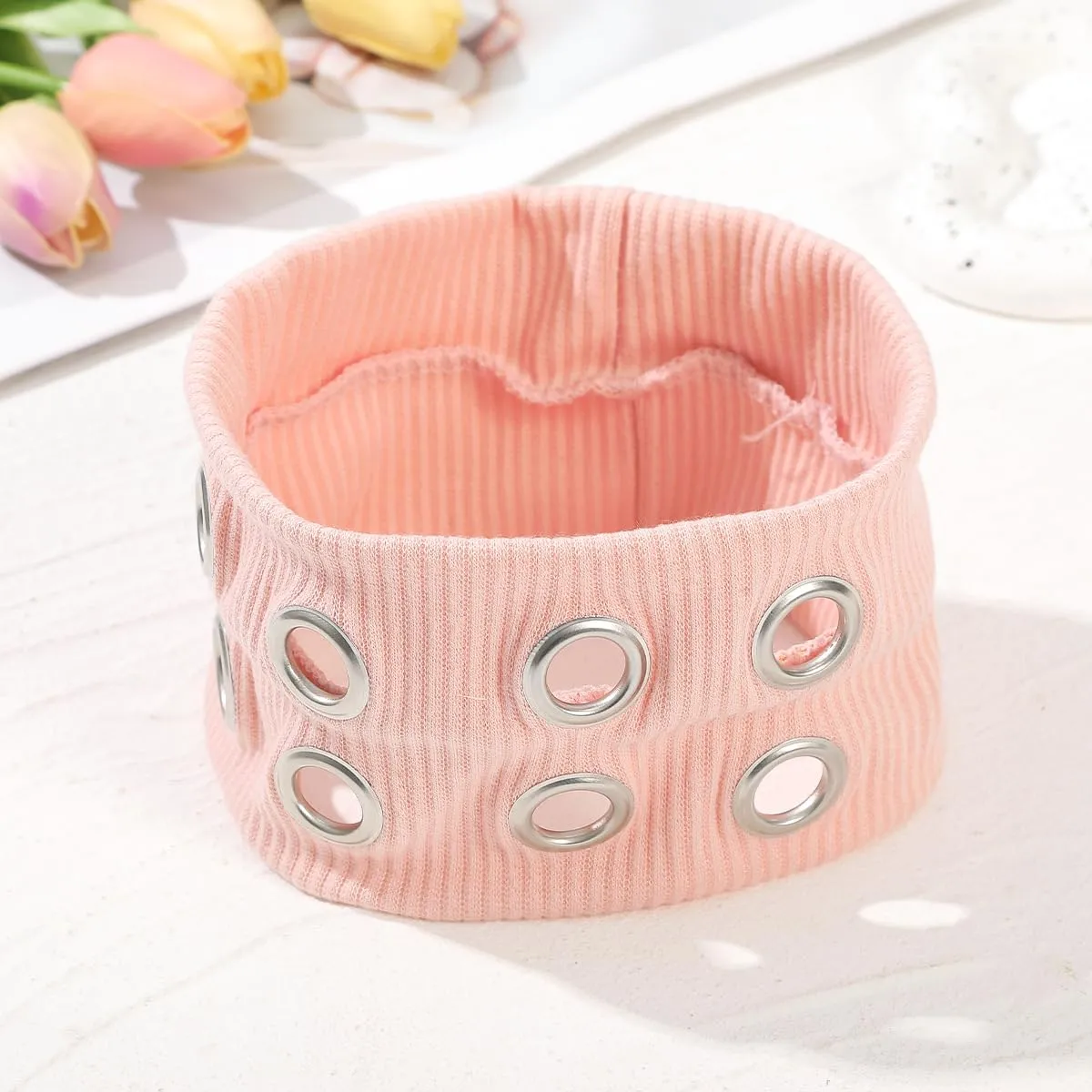 Hollow Eyelet Elastic Headband,Studded Headband Punk Style Rivet,Eyelets Elastic Stretchy Casual Hair Accessory (Black, Adjustable)