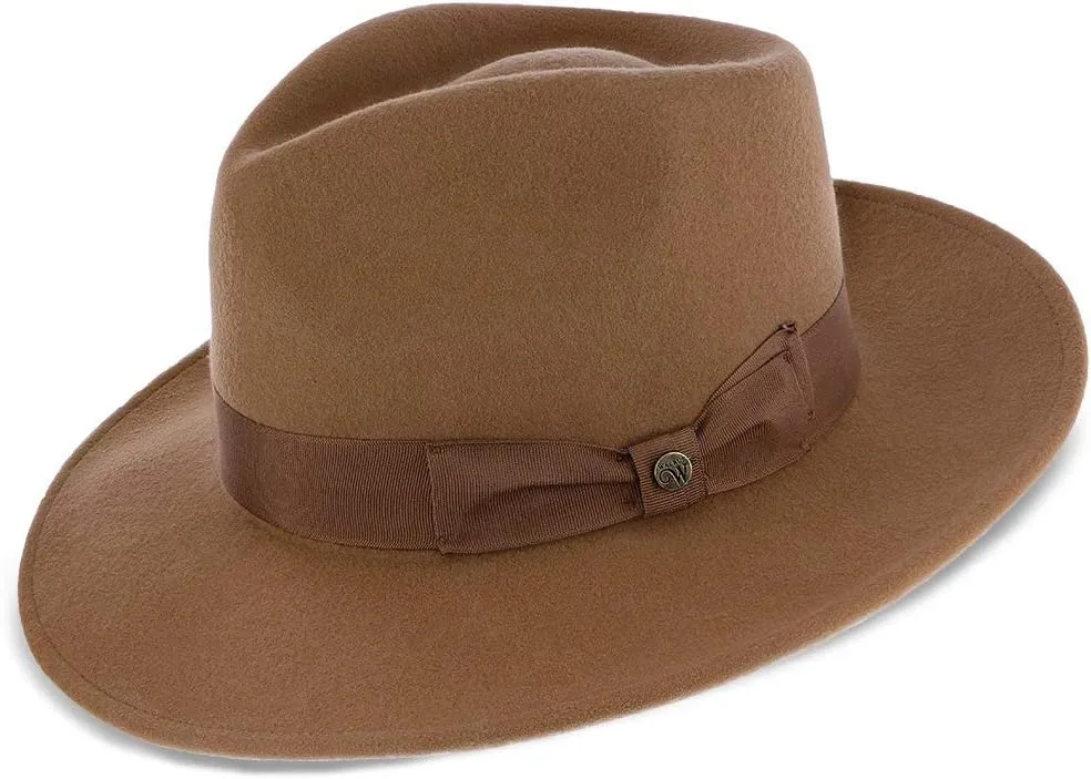 Imperial Center Dent Wool Felt Fedora Hat, 100% Australian Wool, Camel, Gray, & White, Grosgrain Ribbon Band