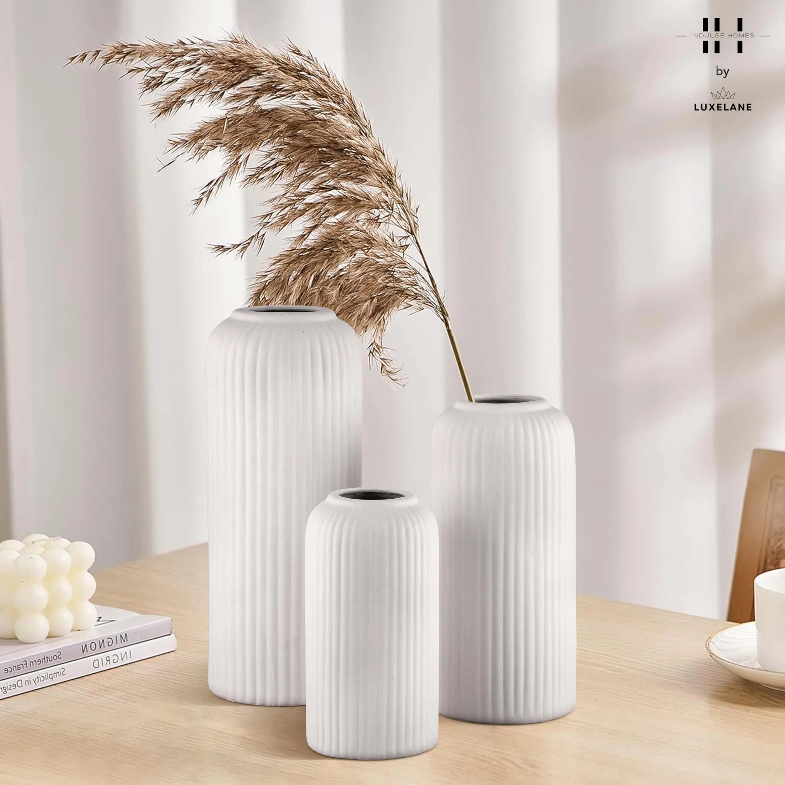 INDULGE HOMES - White Ceramic Vase for Home Decor Centrepiece Showpiece (Flute)