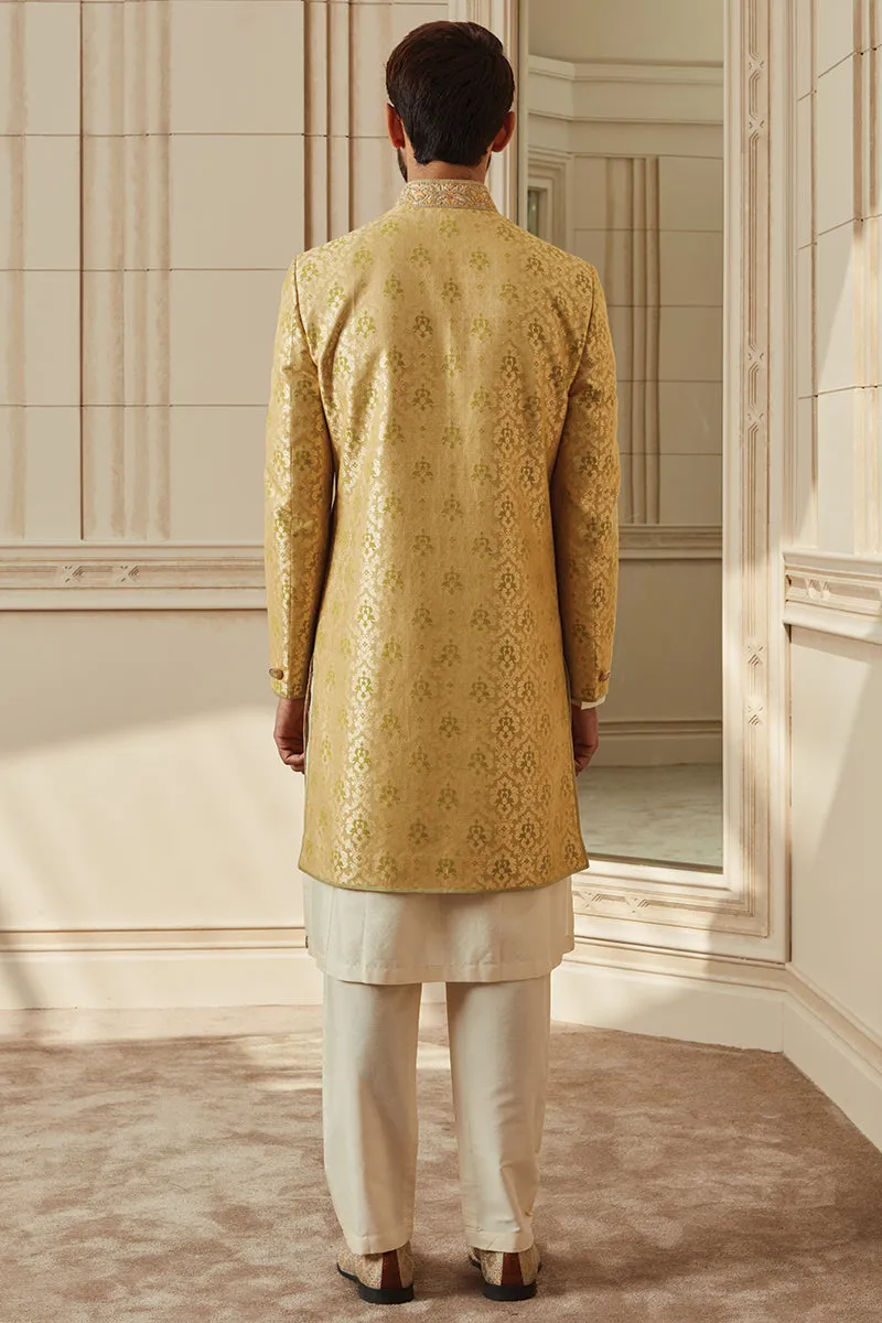Light Green Brocade Achkan With Zardozi Embroidery