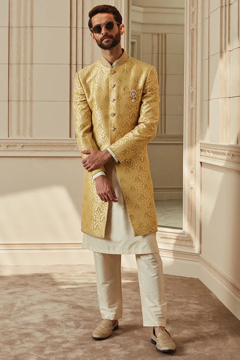 Light Green Brocade Achkan With Zardozi Embroidery
