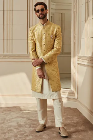 Light Green Brocade Achkan With Zardozi Embroidery
