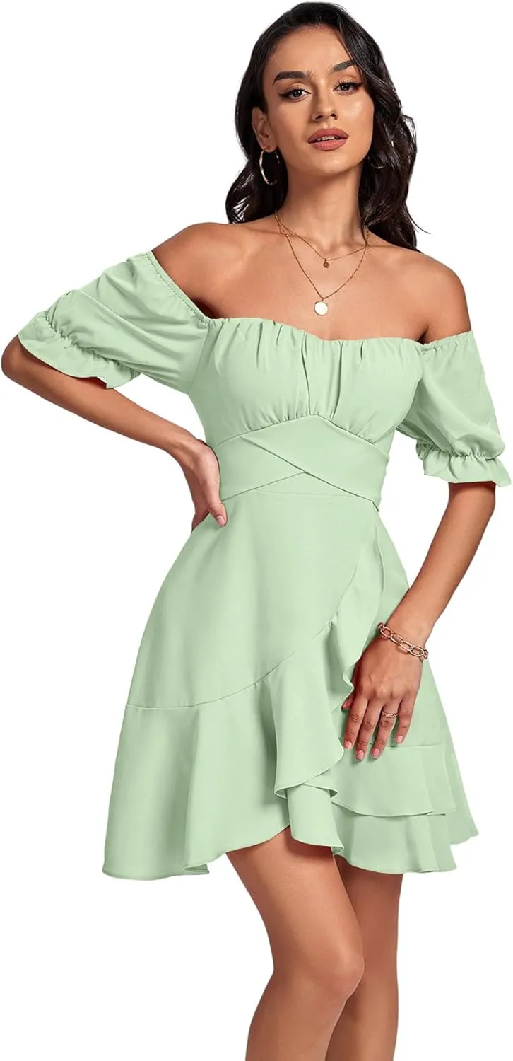 LYANER Women's Square Neck Ruffle Wrap Mini Dress Off Shoulder Flounce Short Sleeve A Line Flowy Dress