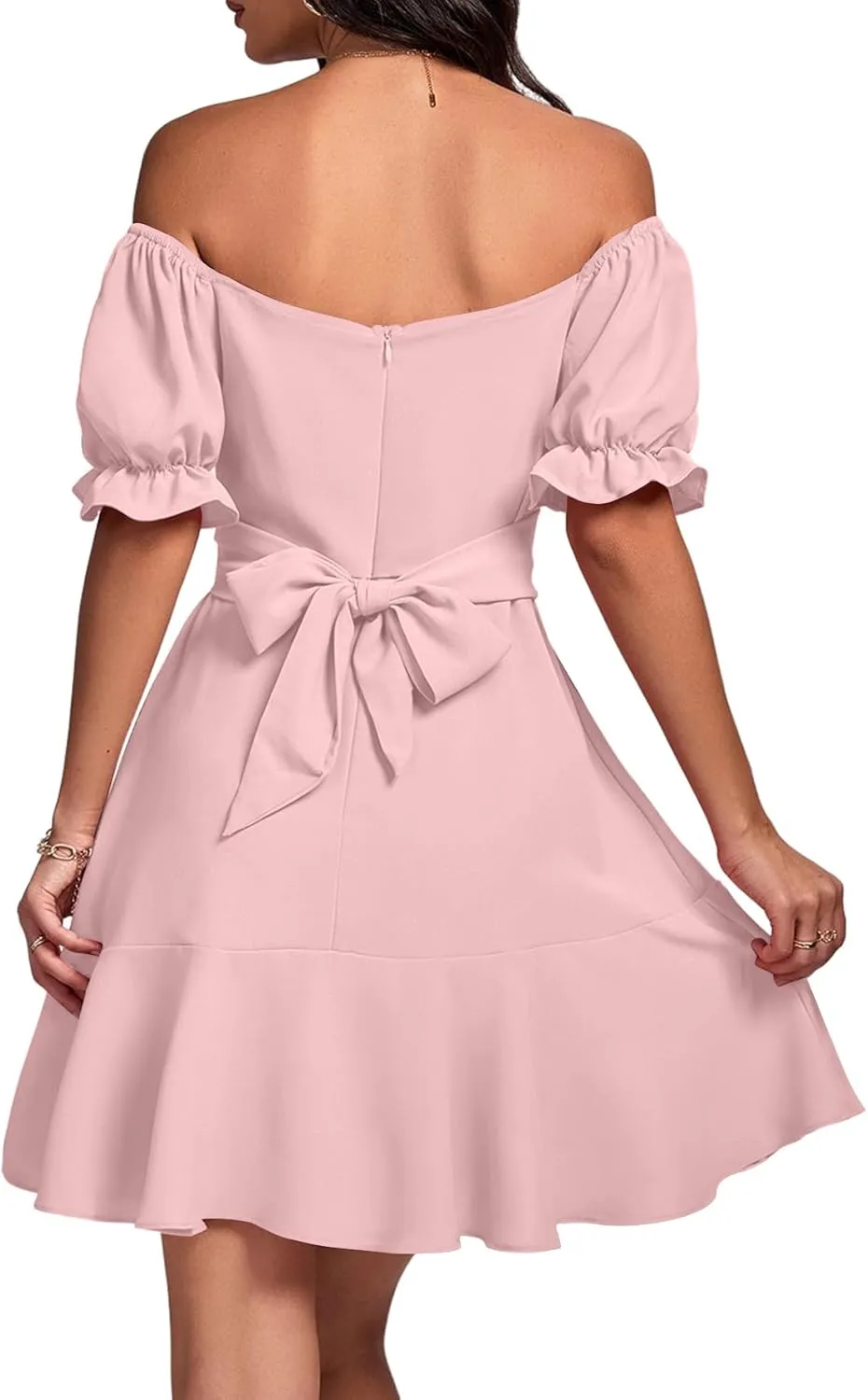 LYANER Women's Square Neck Ruffle Wrap Mini Dress Off Shoulder Flounce Short Sleeve A Line Flowy Dress
