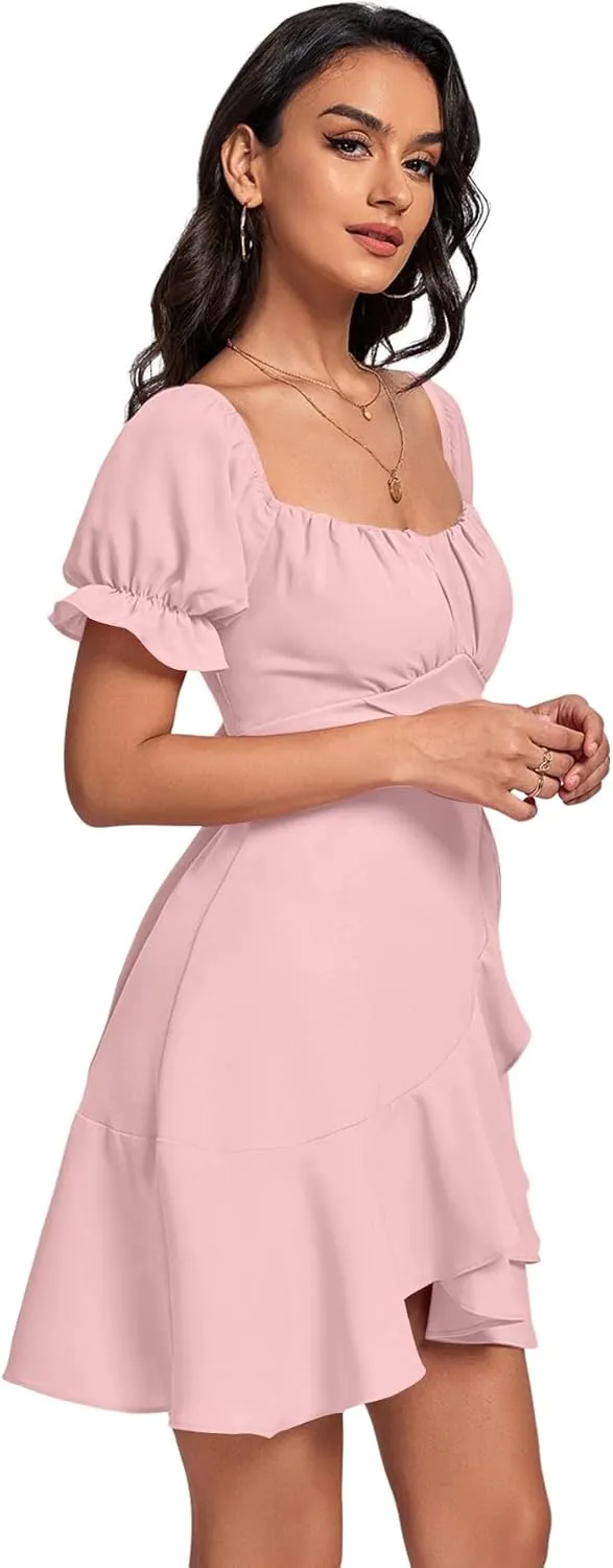 LYANER Women's Square Neck Ruffle Wrap Mini Dress Off Shoulder Flounce Short Sleeve A Line Flowy Dress