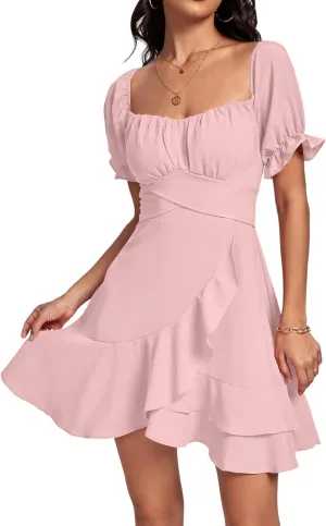 LYANER Women's Square Neck Ruffle Wrap Mini Dress Off Shoulder Flounce Short Sleeve A Line Flowy Dress
