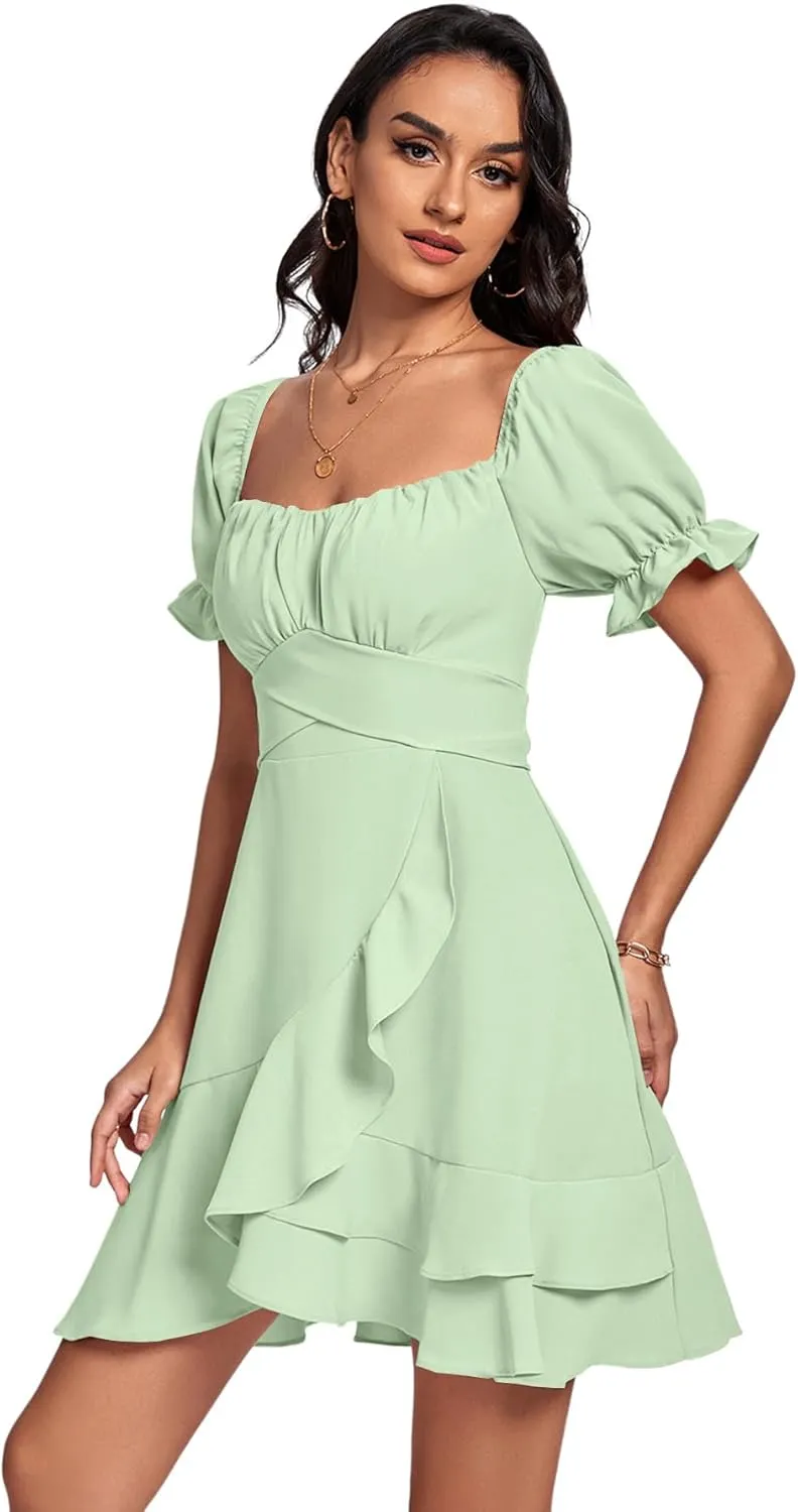 LYANER Women's Square Neck Ruffle Wrap Mini Dress Off Shoulder Flounce Short Sleeve A Line Flowy Dress
