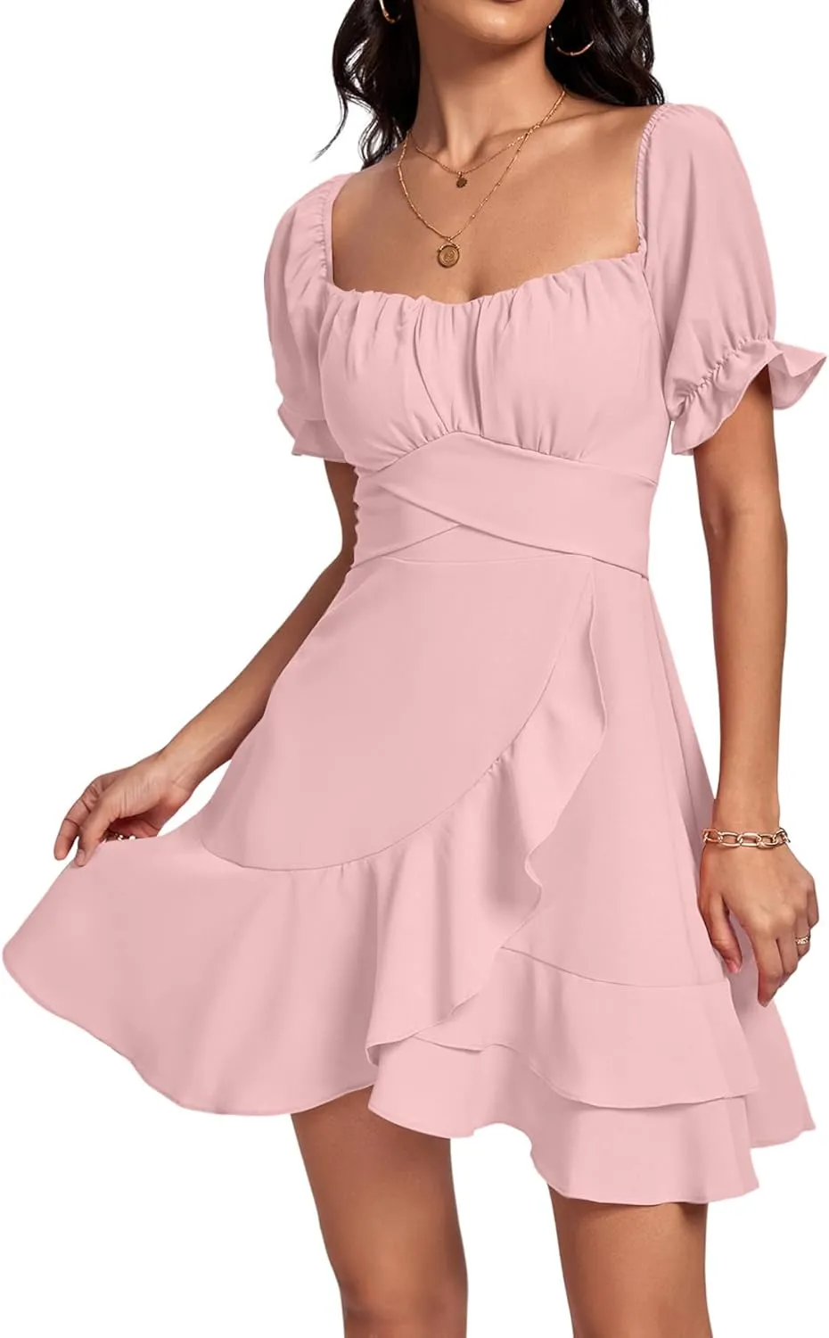 LYANER Women's Square Neck Ruffle Wrap Mini Dress Off Shoulder Flounce Short Sleeve A Line Flowy Dress