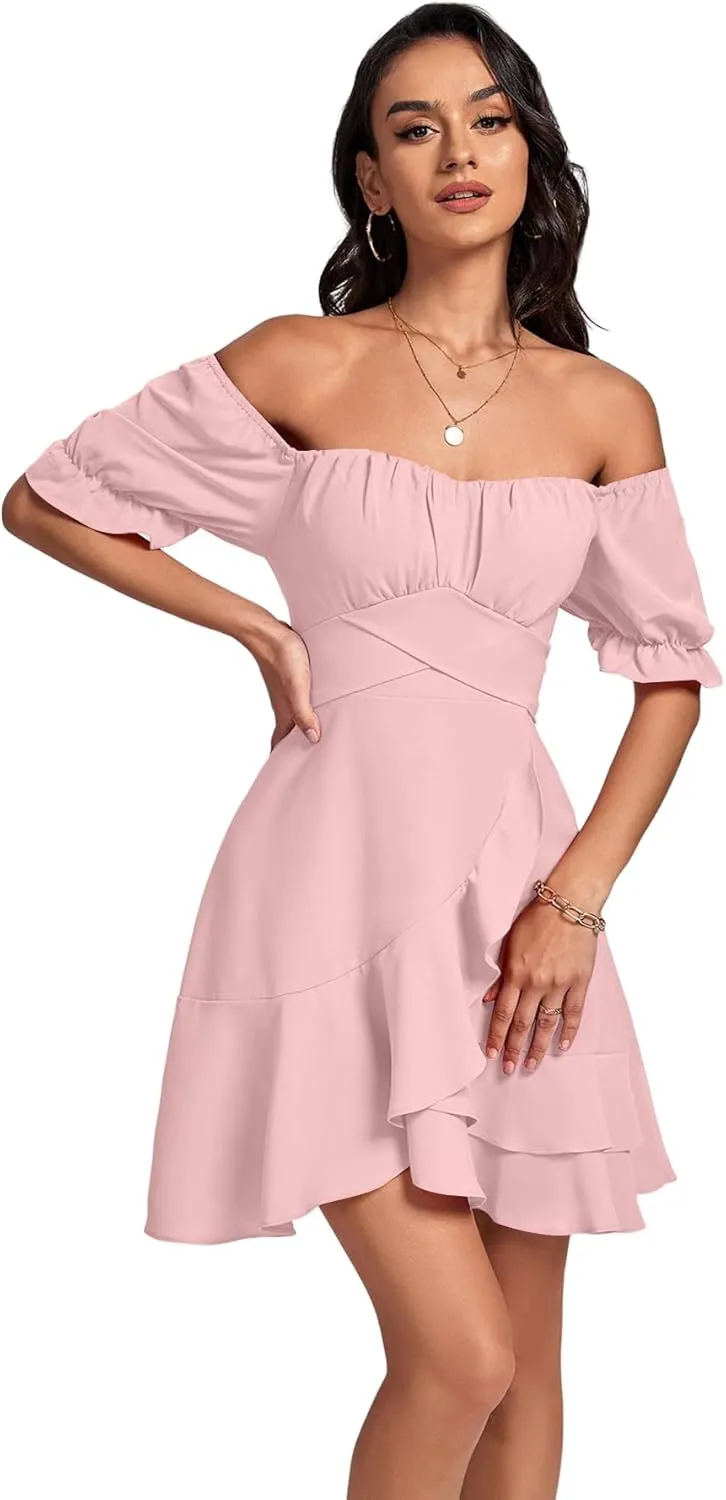 LYANER Women's Square Neck Ruffle Wrap Mini Dress Off Shoulder Flounce Short Sleeve A Line Flowy Dress