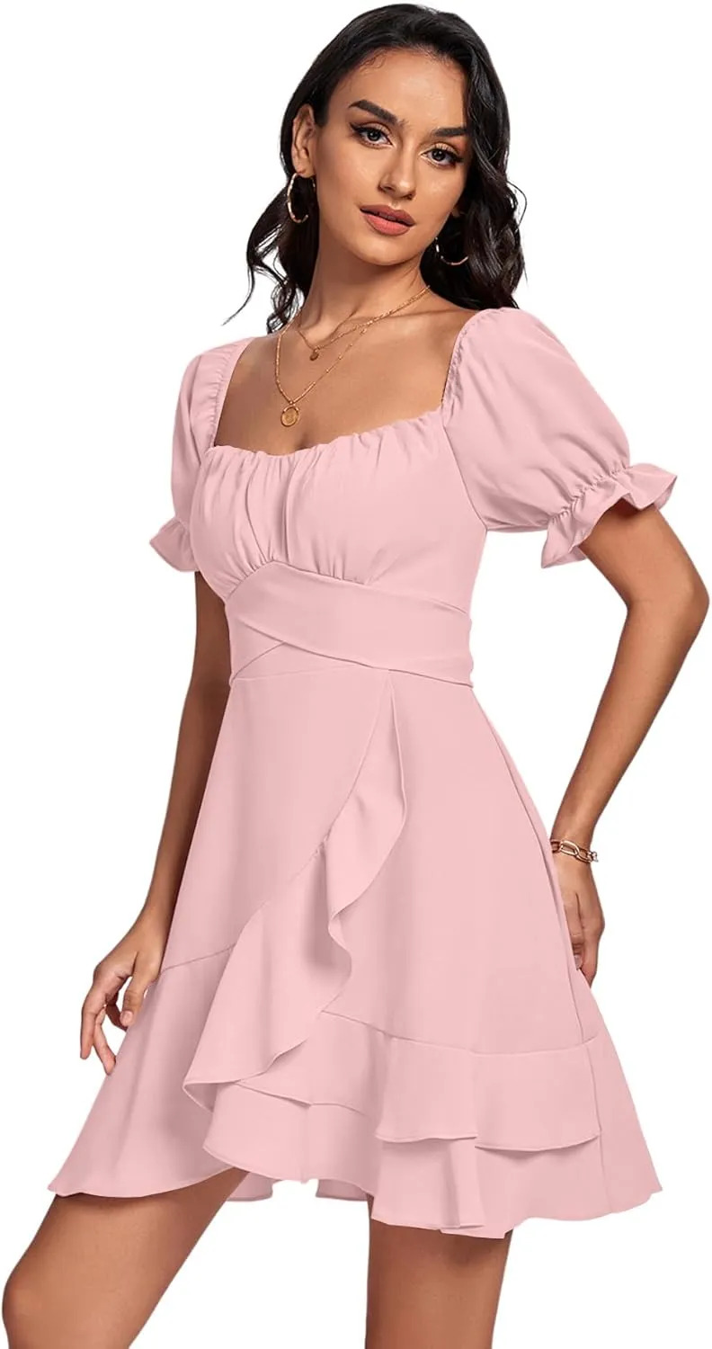 LYANER Women's Square Neck Ruffle Wrap Mini Dress Off Shoulder Flounce Short Sleeve A Line Flowy Dress