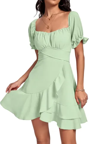 LYANER Women's Square Neck Ruffle Wrap Mini Dress Off Shoulder Flounce Short Sleeve A Line Flowy Dress