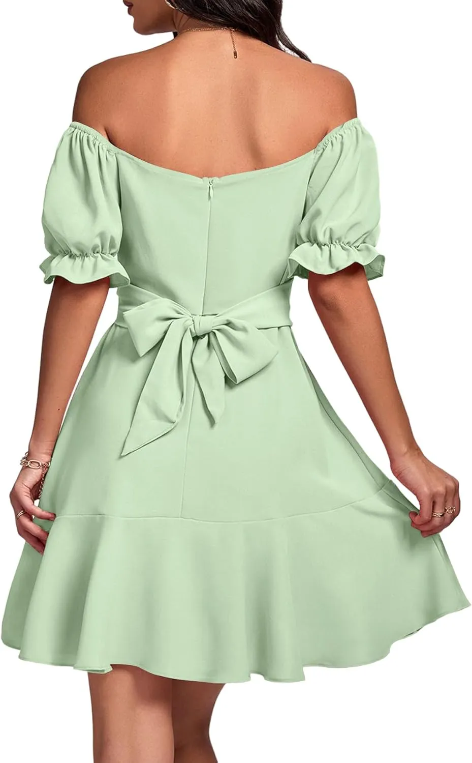 LYANER Women's Square Neck Ruffle Wrap Mini Dress Off Shoulder Flounce Short Sleeve A Line Flowy Dress