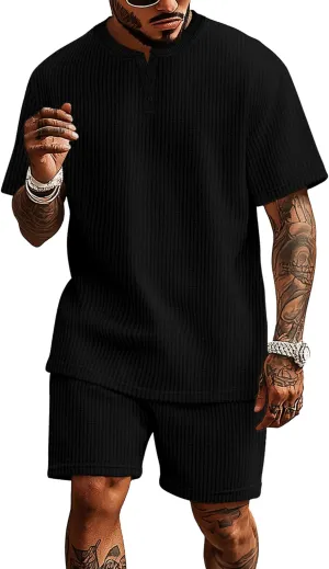 Men's 2 Piece Outfits Casual Shirt and Shorts Set Waffle Short Sleeve Henley Summer Tracksuit with Pockets