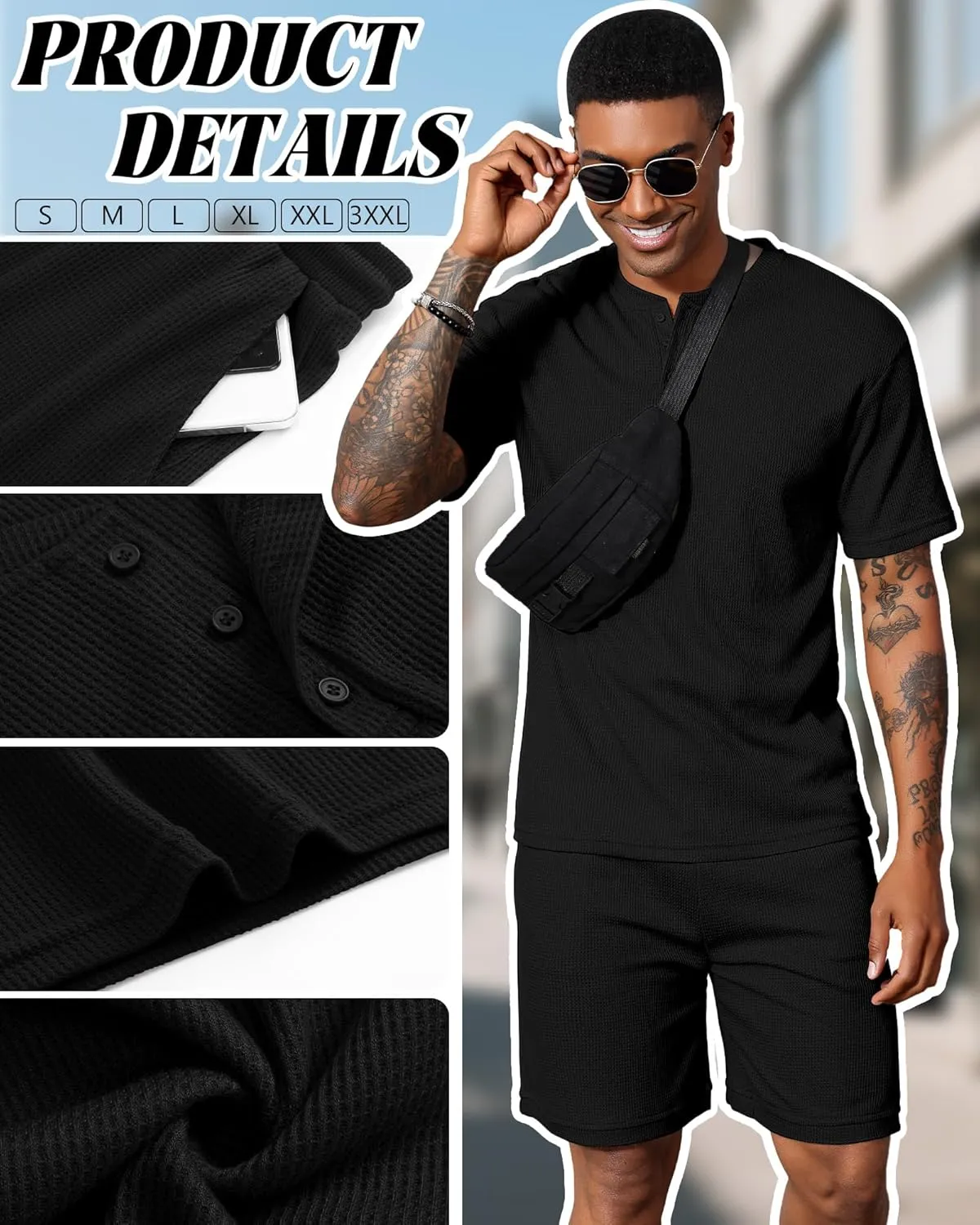 Men's 2 Piece Outfits Casual Shirt and Shorts Set Waffle Short Sleeve Henley Summer Tracksuit with Pockets
