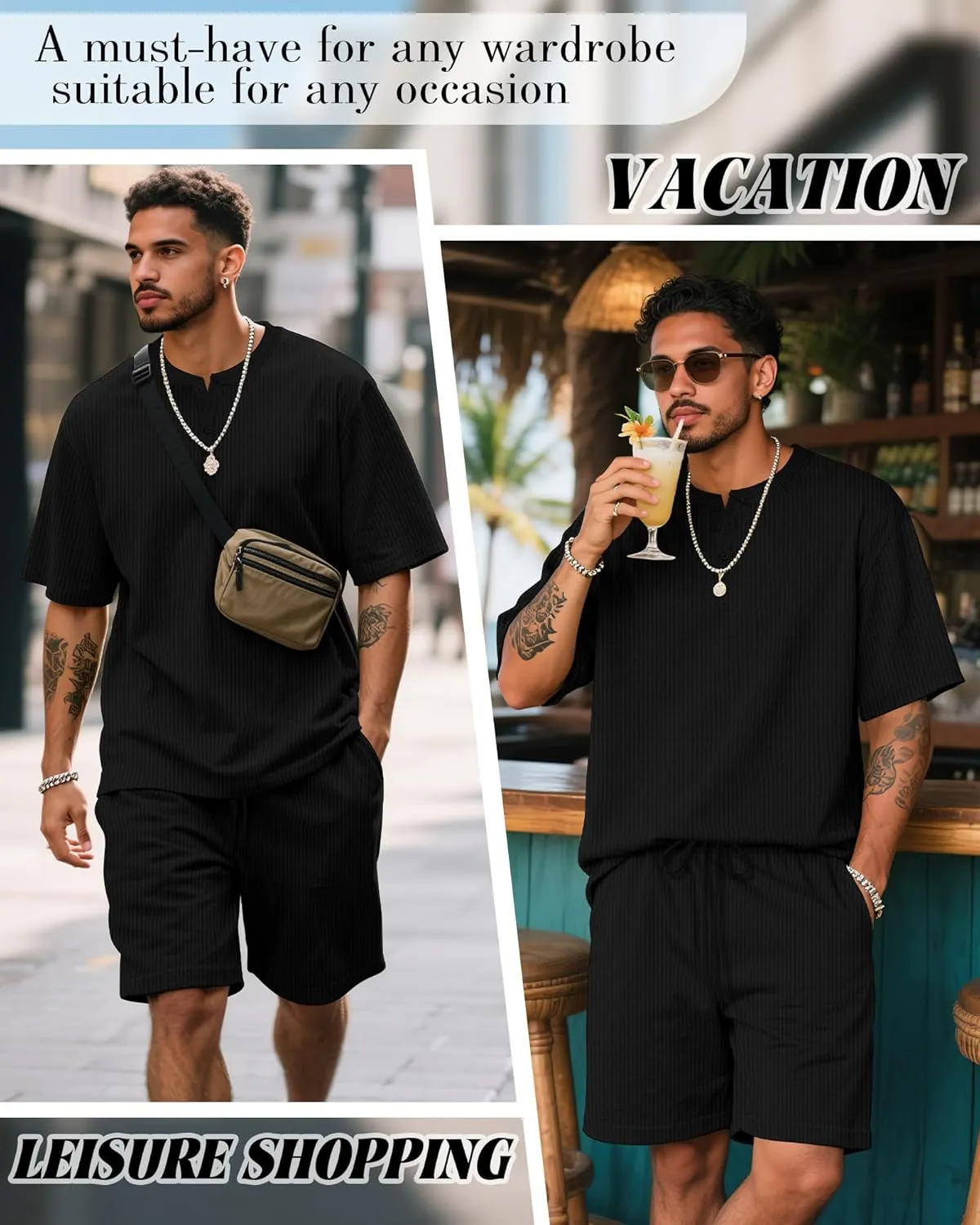 Men's 2 Piece Outfits Casual Shirt and Shorts Set Waffle Short Sleeve Henley Summer Tracksuit with Pockets