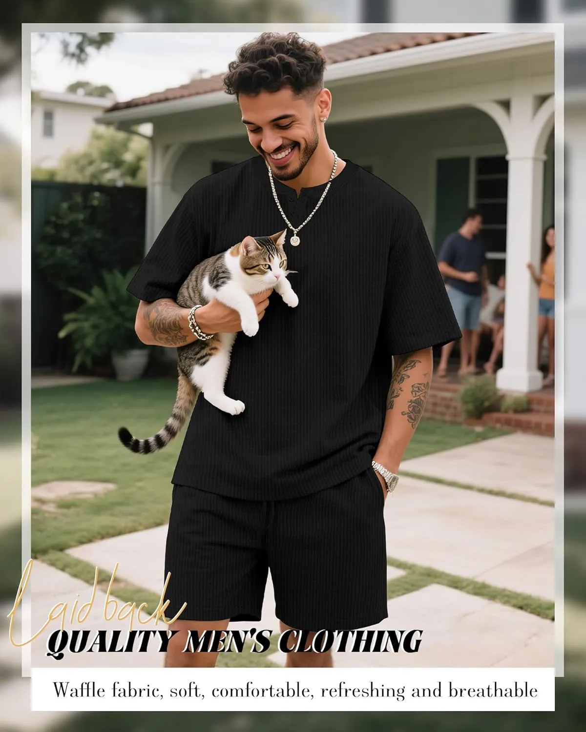 Men's 2 Piece Outfits Casual Shirt and Shorts Set Waffle Short Sleeve Henley Summer Tracksuit with Pockets