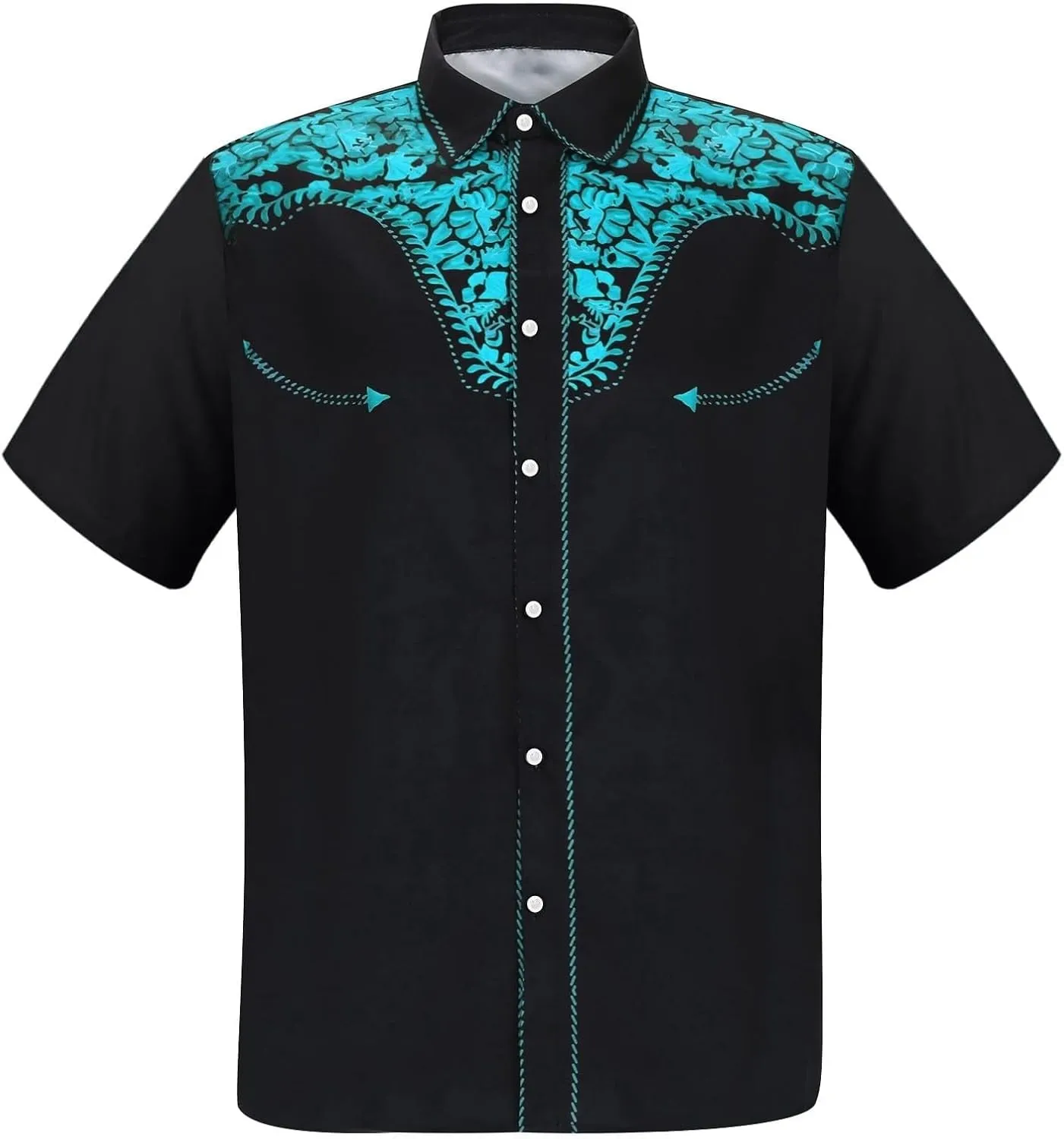 Men's Cowboy Shirts Embroidered Rose Design Big and Tall Casual Loose Tee Tops Western Short Sleeve Button Down