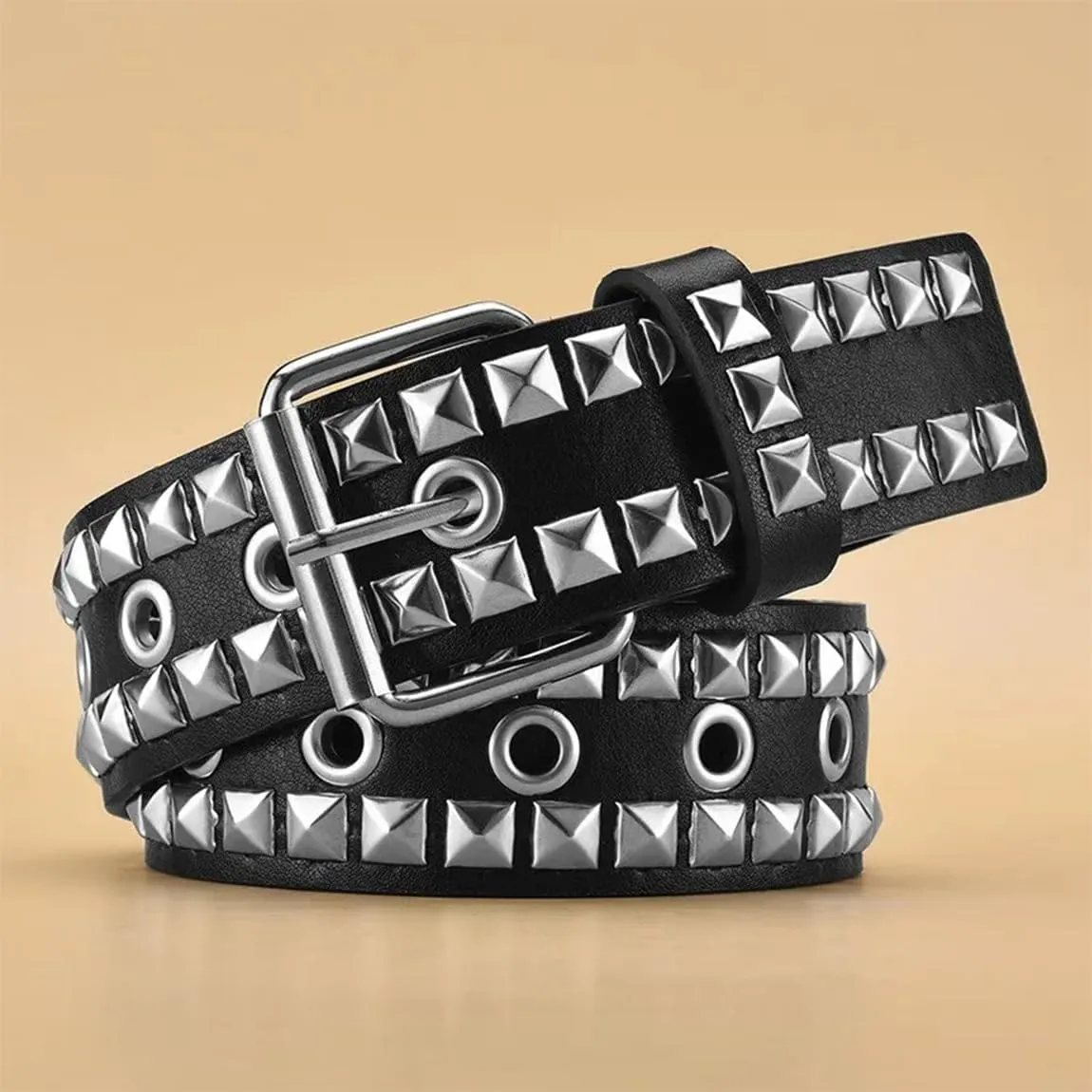 Metal Punk Rock Rivet Studded Belt for Women Men, Gothic Belt with Bright Pyramid Studs