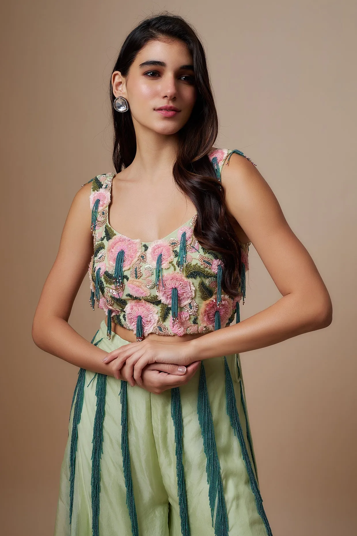 Mint Embroidered Bustier With Back Tie-Up And Organza Sharara
