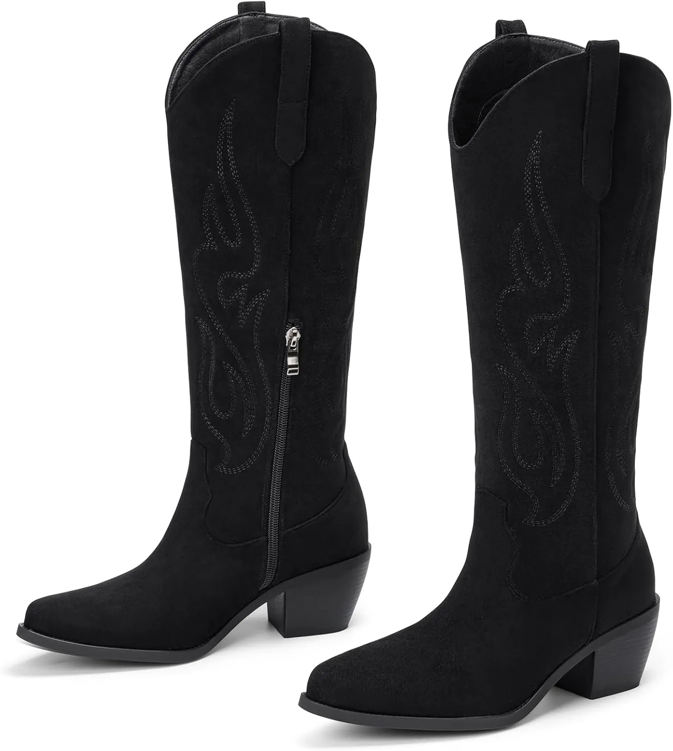 Pasuot Western Cowboy Boots for Women - Knee High Wide Calf Cowgirl Boots with Classic Embroidered, Slip On Pointed Toe Chunky Heel Fashion Retro Classic Pull On Tall Boot for Girls Ladies Fall Winter