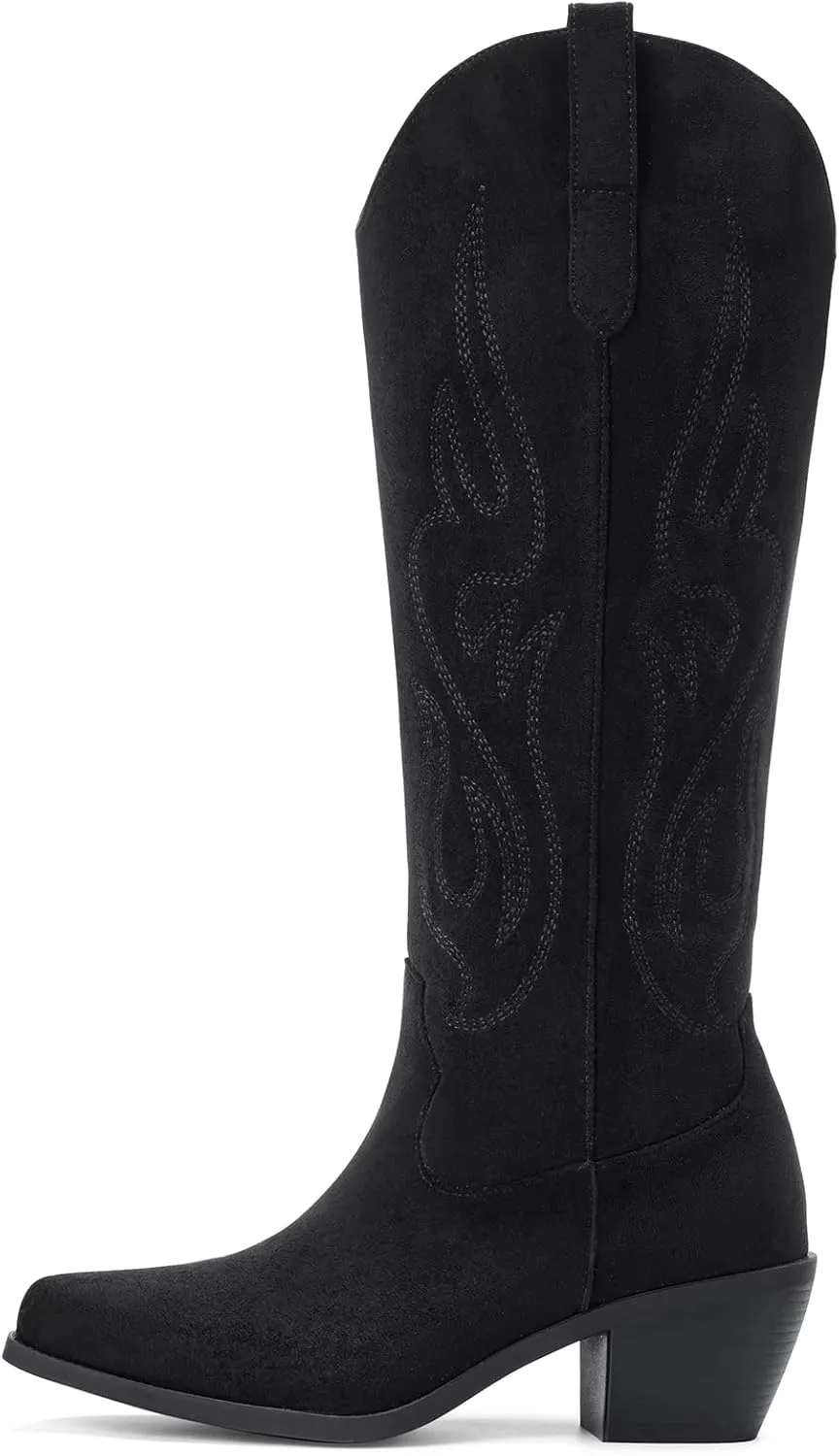 Pasuot Western Cowboy Boots for Women - Knee High Wide Calf Cowgirl Boots with Classic Embroidered, Slip On Pointed Toe Chunky Heel Fashion Retro Classic Pull On Tall Boot for Girls Ladies Fall Winter