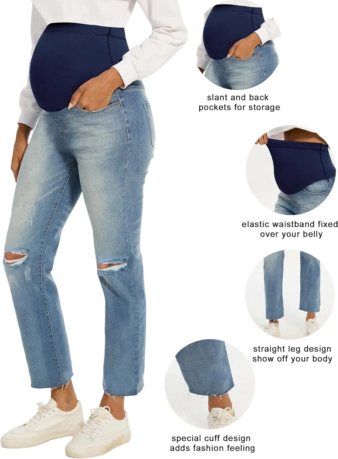 Peauty Maternity Ripped Jeans Frayed Hem Update Straight Leg Jeans Comfortable Stretch Over The Belly Support Pregnancy-Pants