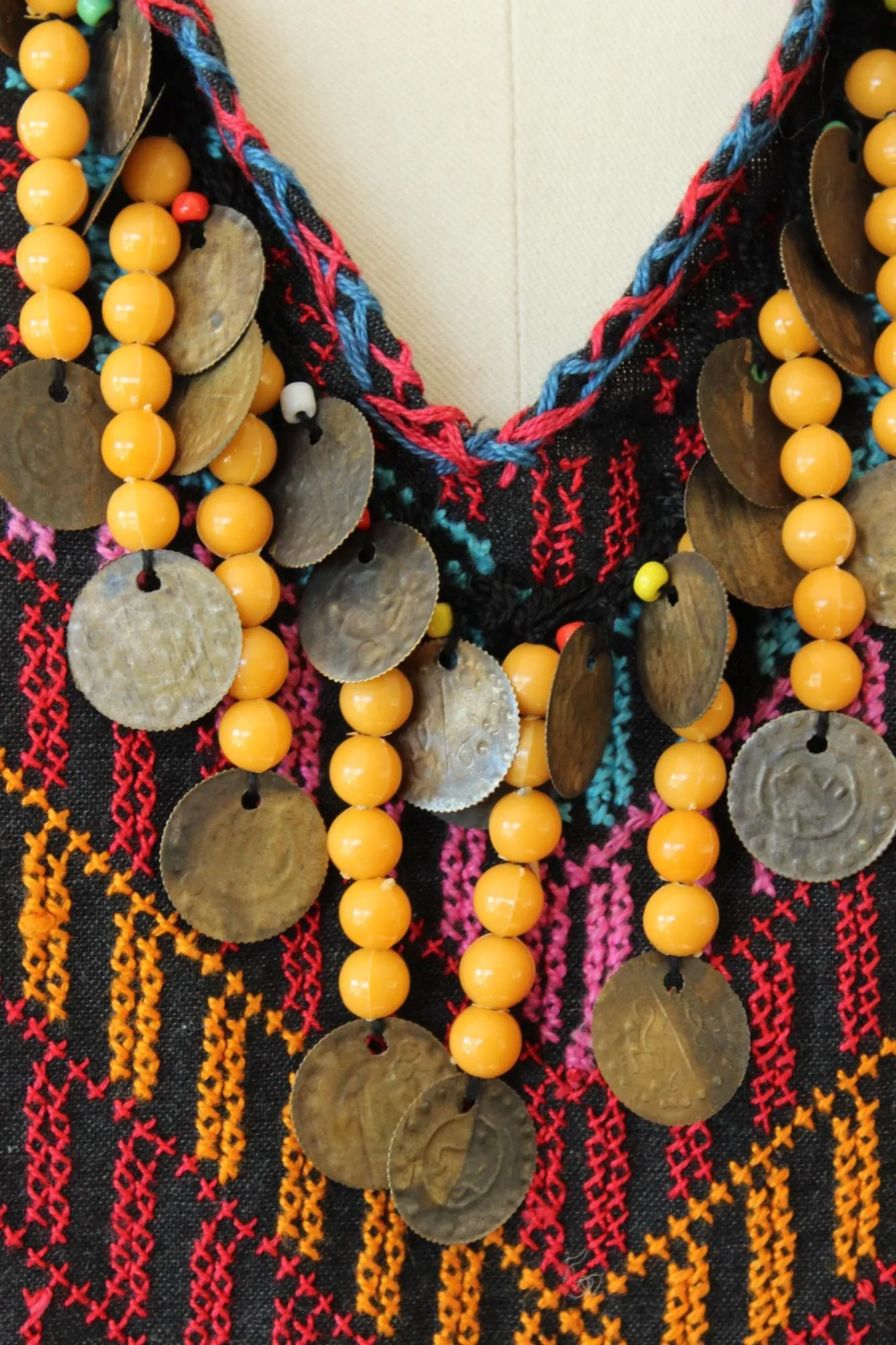 Vintage Ethnic Tribal Shirt, Black Cotton Embroidered With Folk Patterns and Coins